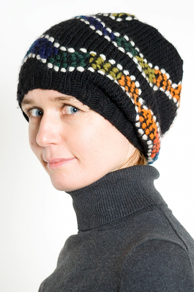 Hand-Knitted Merino Wool 2-Flop Hat – Rainbow Serpent, Black