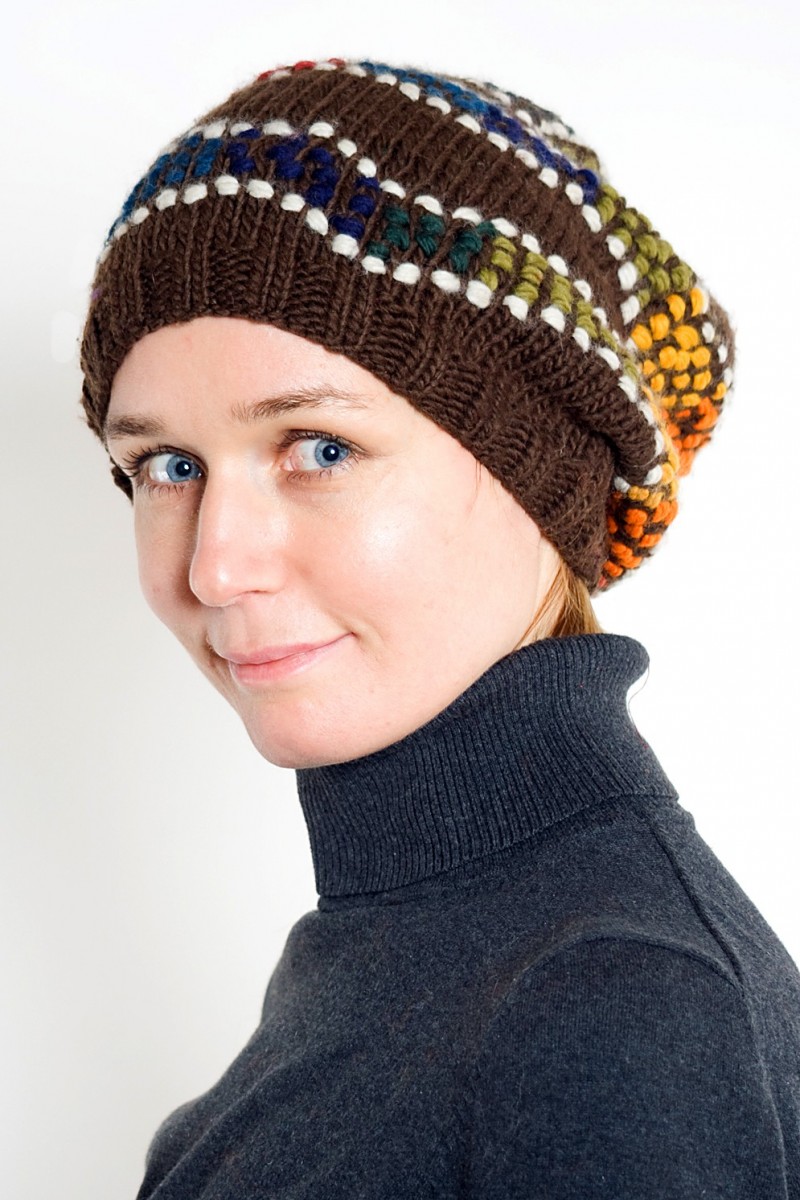 Hand-Knitted Merino Wool 2-Flop Hat – Rainbow Serpent, Brown