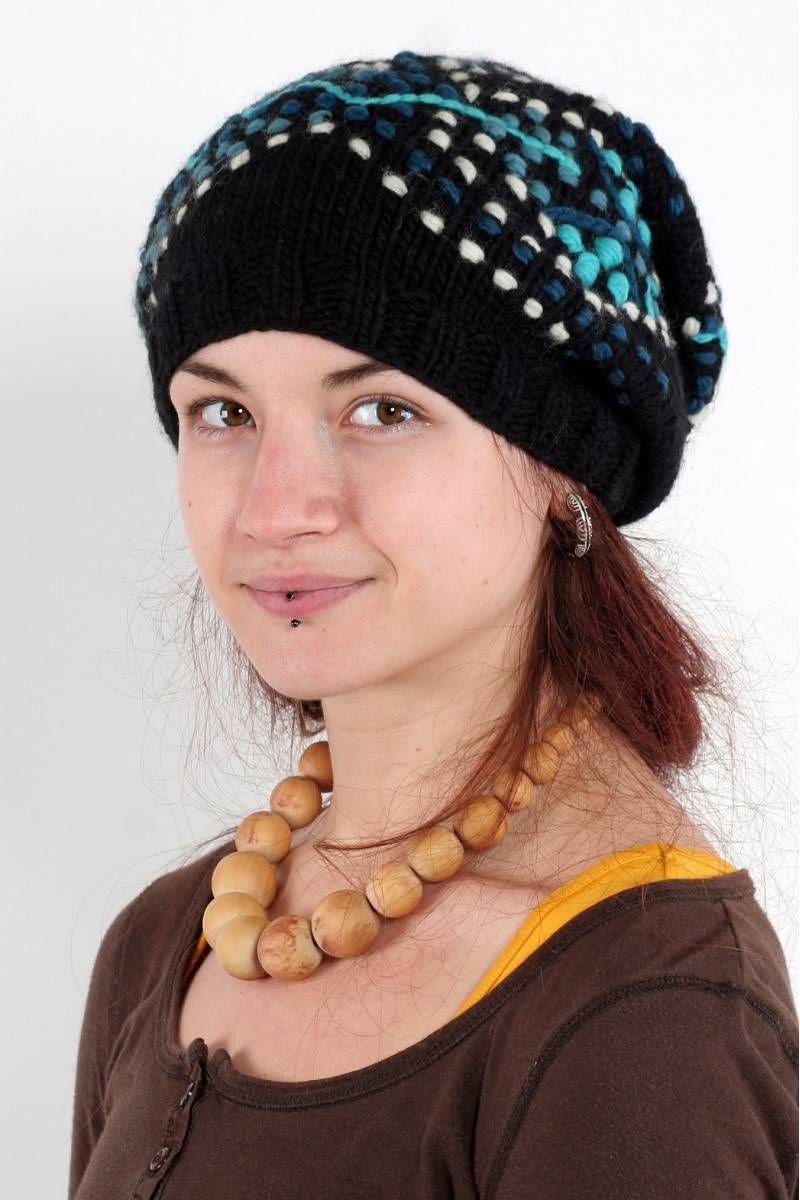 Hand-Knitted Merino Wool 2-Flop Hat – Goanna, Black/Petrol