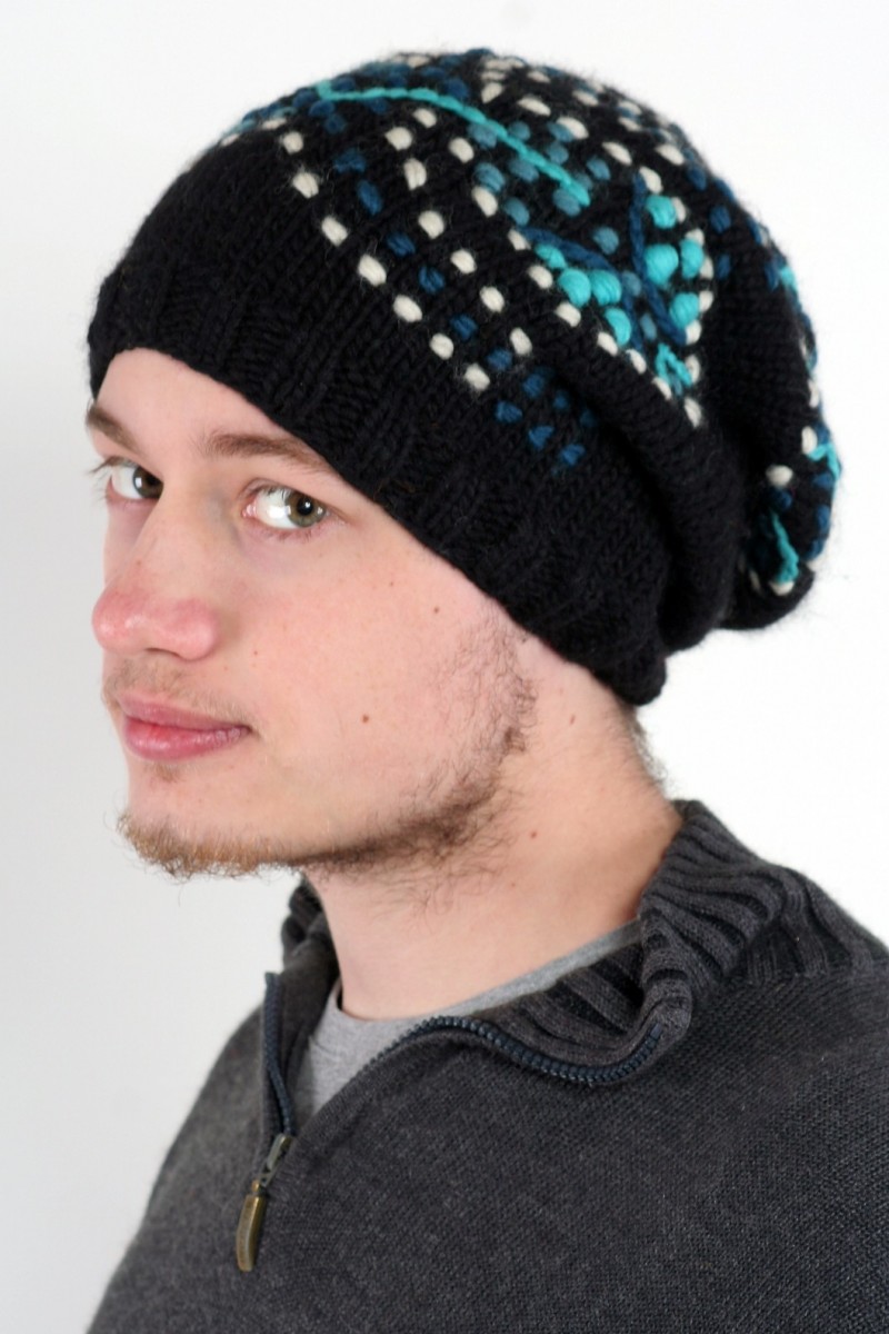 Hand-Knitted Merino Wool 2-Flop Hat – Goanna, Black/Petrol