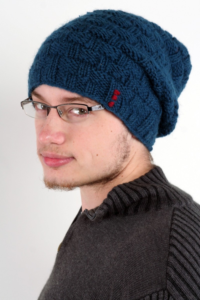 Handgestrickte Doppel-Slouch-Mütze aus Lammwolle – Blöcke, Petrol