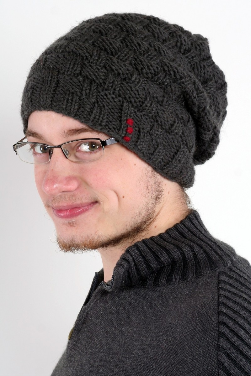 Hand-Knitted Lambswool 2-Flop Hat – Blocks, Dark Grey