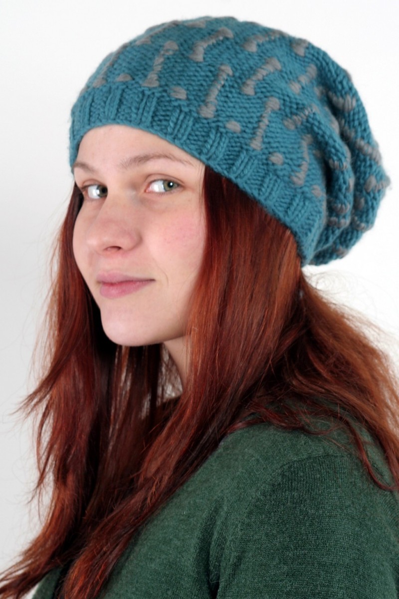 Hand-Knitted Merino Wool 2-Flop Hat – Square, Light Petrol/Mid Grey