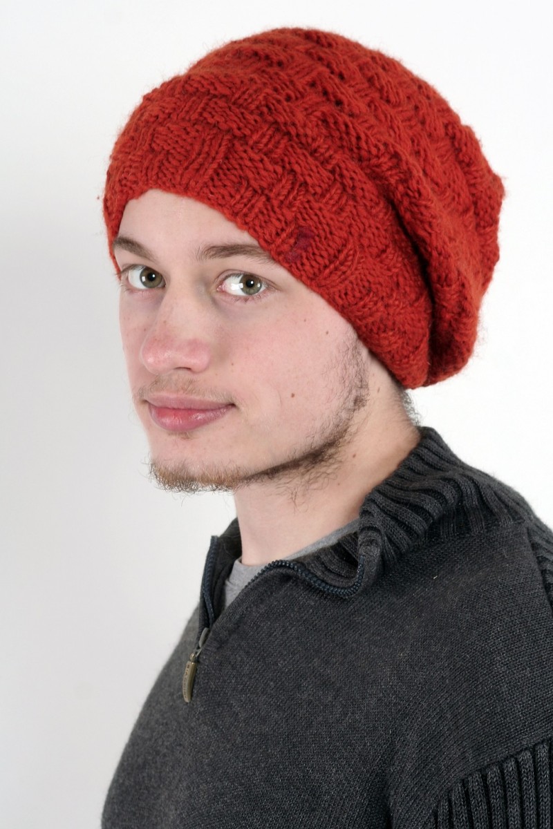 Handgestrickte Doppel-Slouch-Mütze aus Lammwolle – Blöcke, Dunkelorange