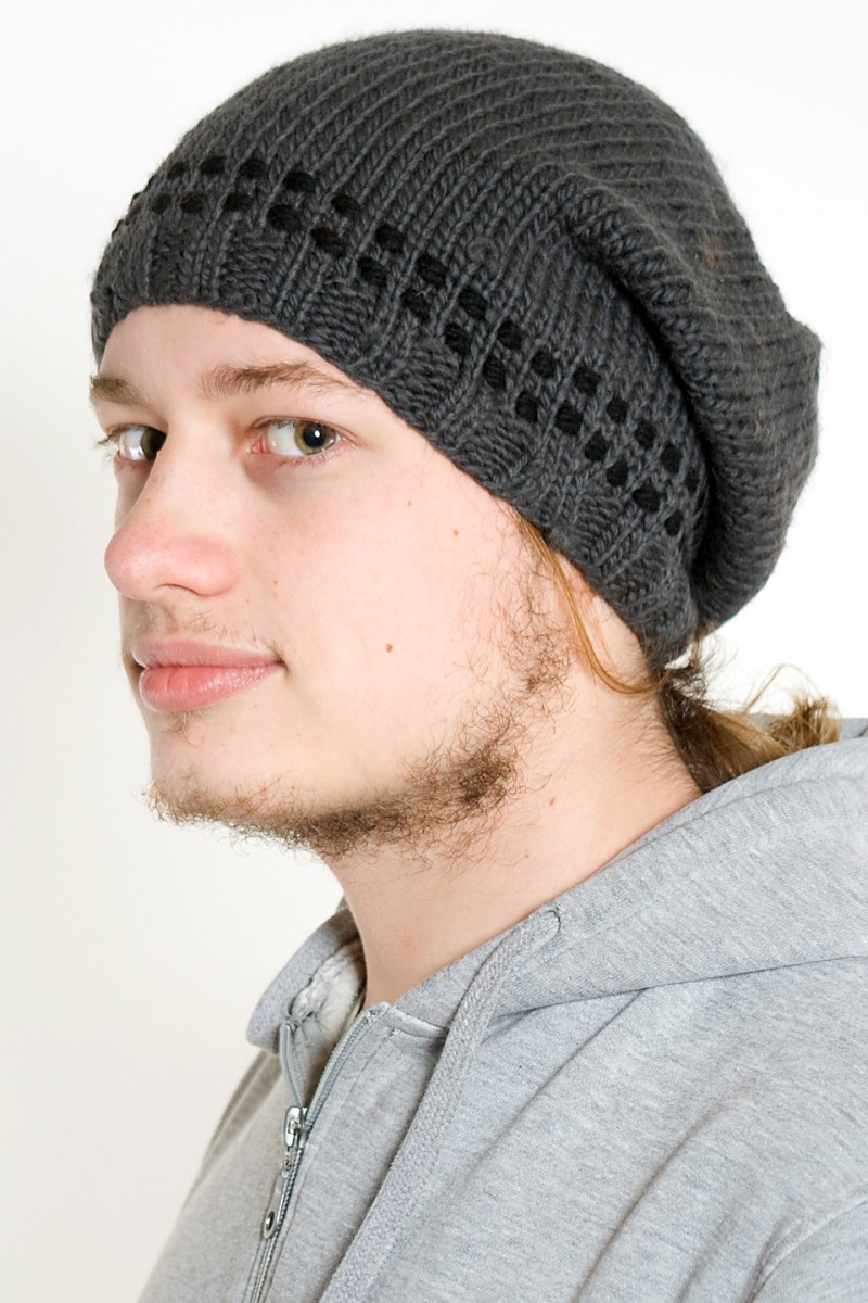 Hand-Knitted Merino Wool Flop Hat – 2 Dot, Dark Grey/Black