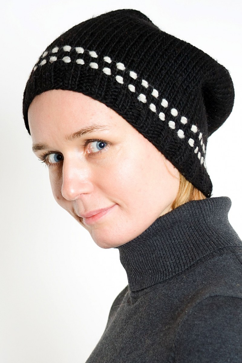 Hand-Knitted Merino Wool Flop Hat – 2 Dot, Black/White