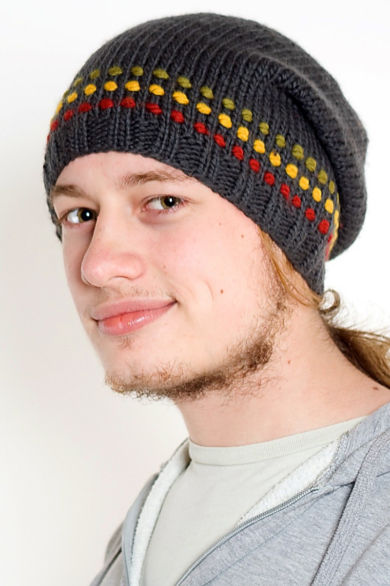 Hand-Knitted Merino Wool Flop Hat – 3 Dot, Dark Grey/Rasta