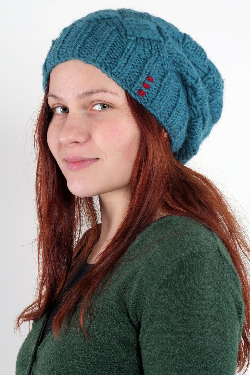 Hand-Knitted Lambswool Flop Hat – Marshmallow, Light Petrol