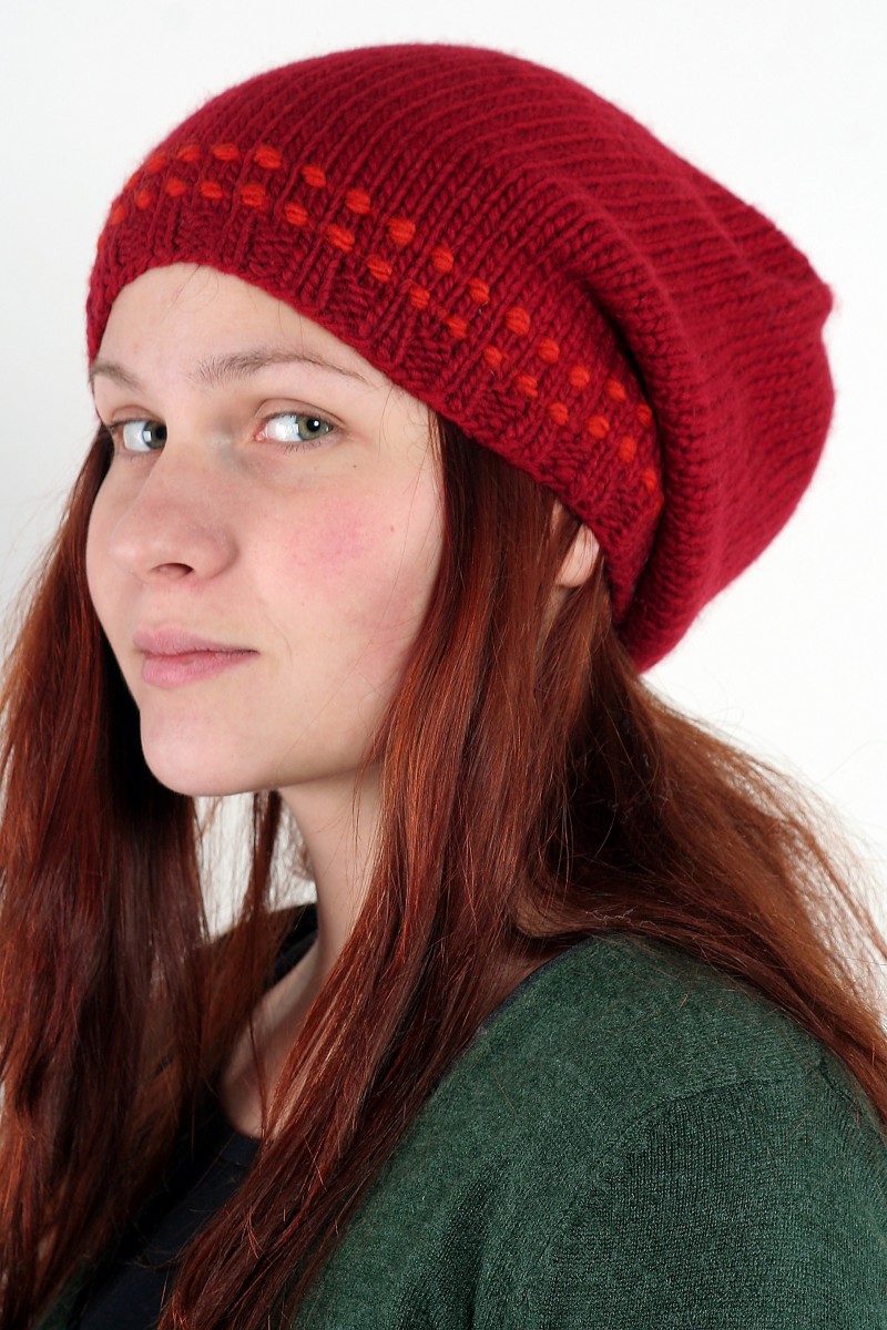 Hand-Knitted Merino Wool Flop Hat – 2 Dot, Red/Dark Orange