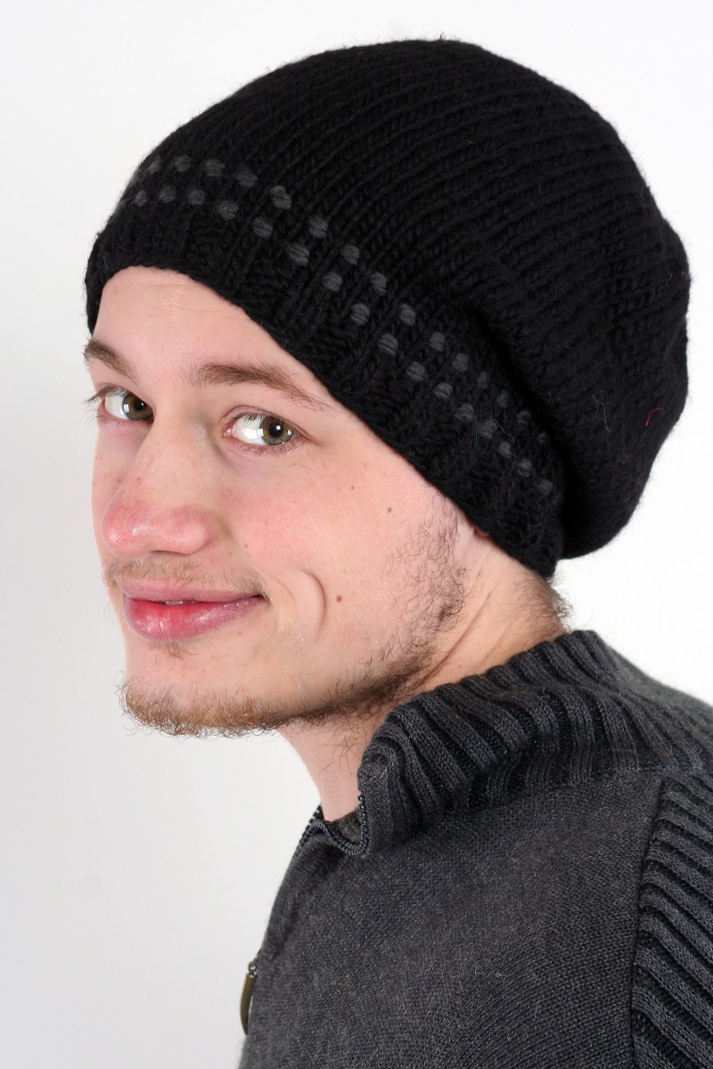Hand-Knitted Merino Wool Flop Hat – 2 Dot, Black/Dark Grey