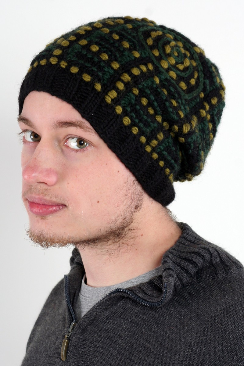 Hand-Knitted Merino Wool Flop Hat – Pacman, Black/Green