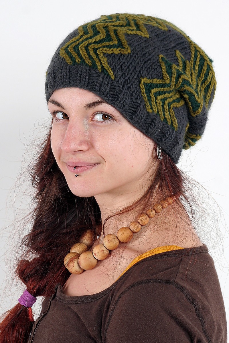 Hand-Knitted Merino Wool Flop Hat – Meeting Place, Dark Grey/Khaki