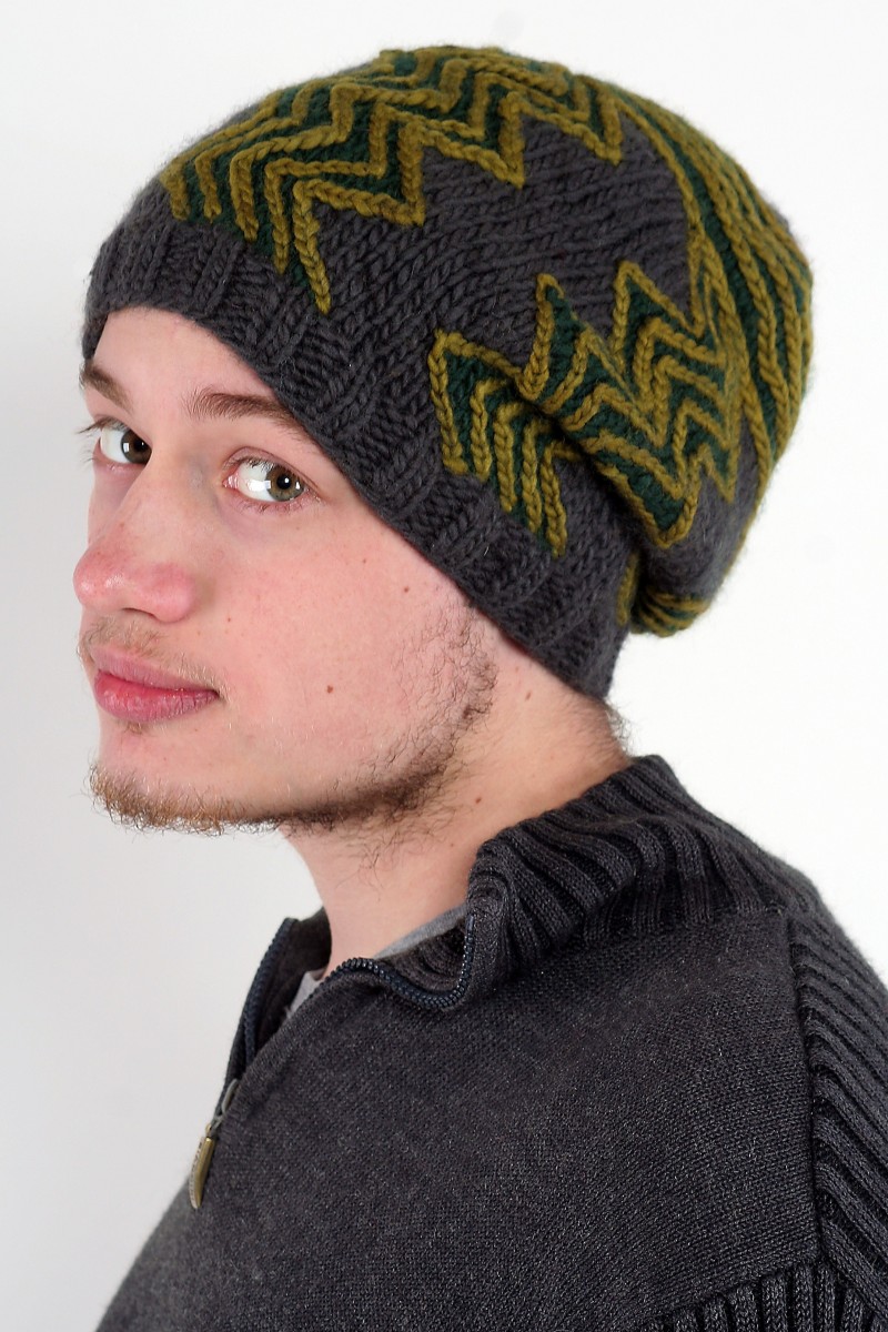 Hand-Knitted Merino Wool Flop Hat – Meeting Place, Dark Grey/Khaki