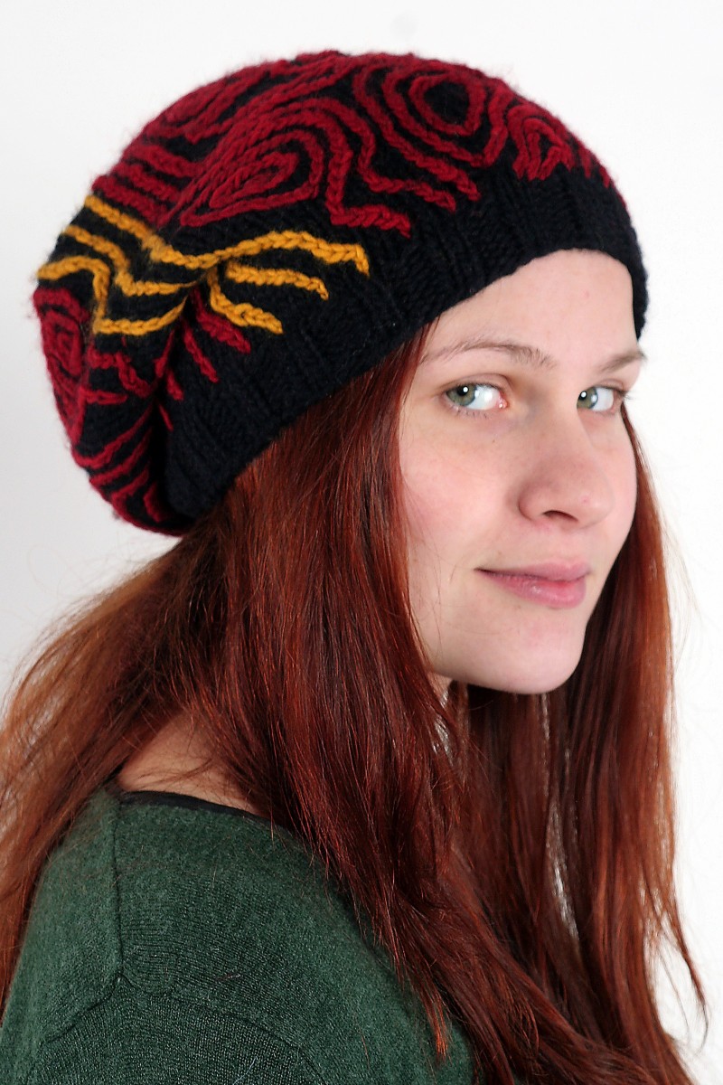 Hand-Knitted Merino Wool Flop Hat – Tracks, Black/Yellow