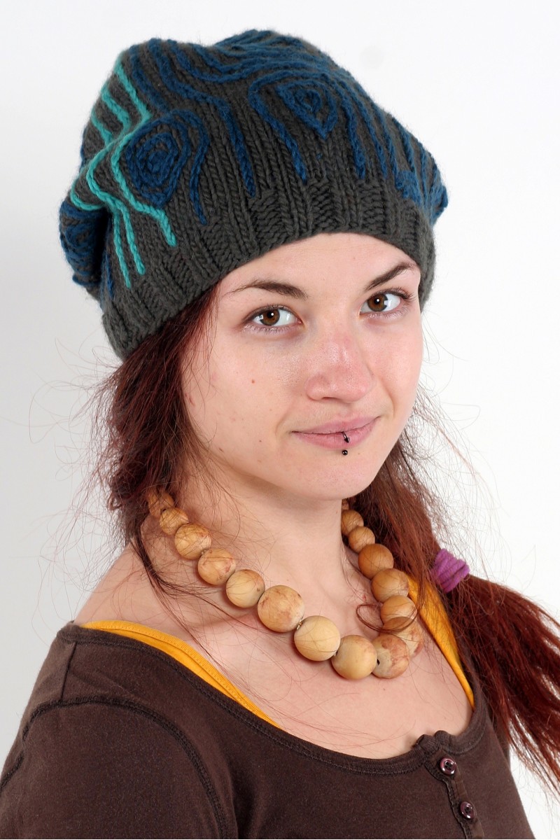 Hand-Knitted Merino Wool Flop Hat – Tracks, Dark Grey/Petrol