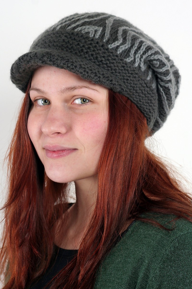 Hand-Knitted Merino Wool Flop Brim Hat – Tracks, Dark Grey/Mid Grey
