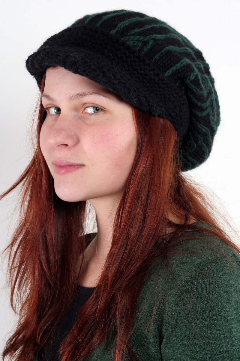 Hand-Knitted Merino Wool Flop Brim Hat – Tracks, Black/Green
