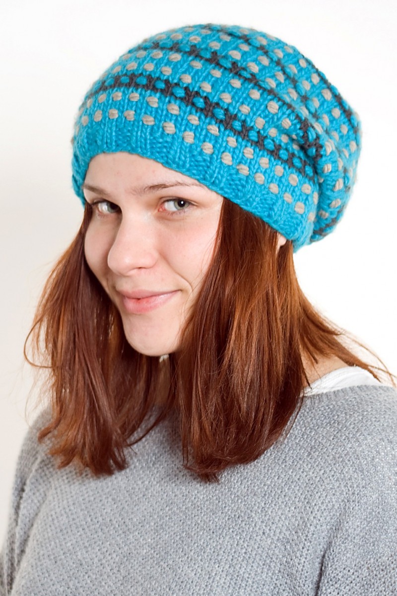 Hand-Knitted Merino Wool Flop Hat – Step, Turquoise/Light Grey