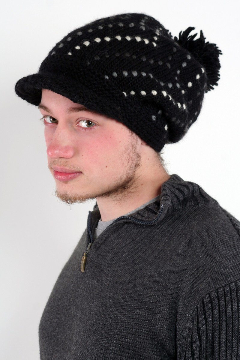 Hand-Knitted Merino Wool Flop Brim Pompom Hat – Boomerang, Black/White