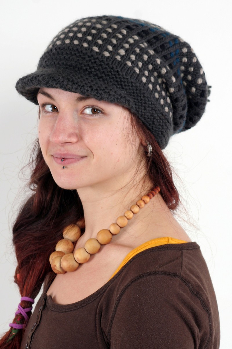 Hand-Knitted Merino Wool Flop Brim Pompom Hat – Songlines, Dark Grey/Petrol