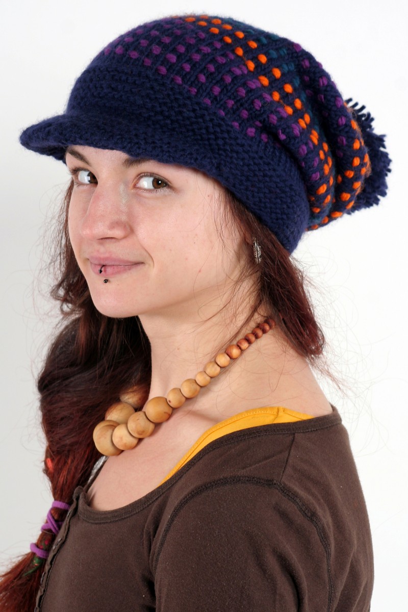 Hand-Knitted Merino Wool Flop Brim Pompom Hat – Songlines, Blue/Orange