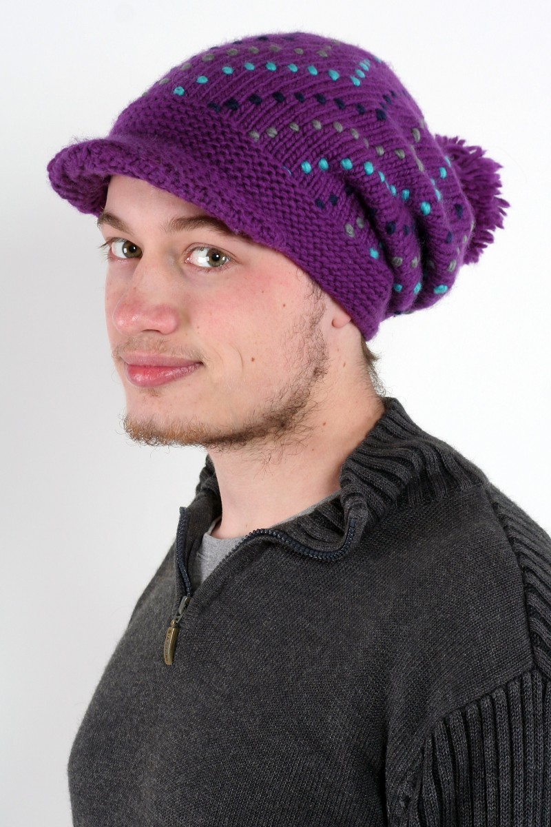 Hand-Knitted Merino Wool Flop Brim Pompom Hat – Boomerang, Purple/Turquoise