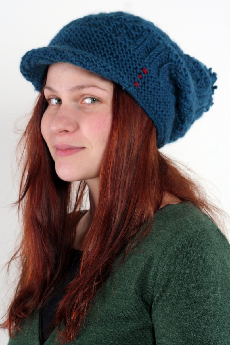 Hand-Knitted Lambswool Flop Brim Pompom Hat – 3 Sisters, Petrol