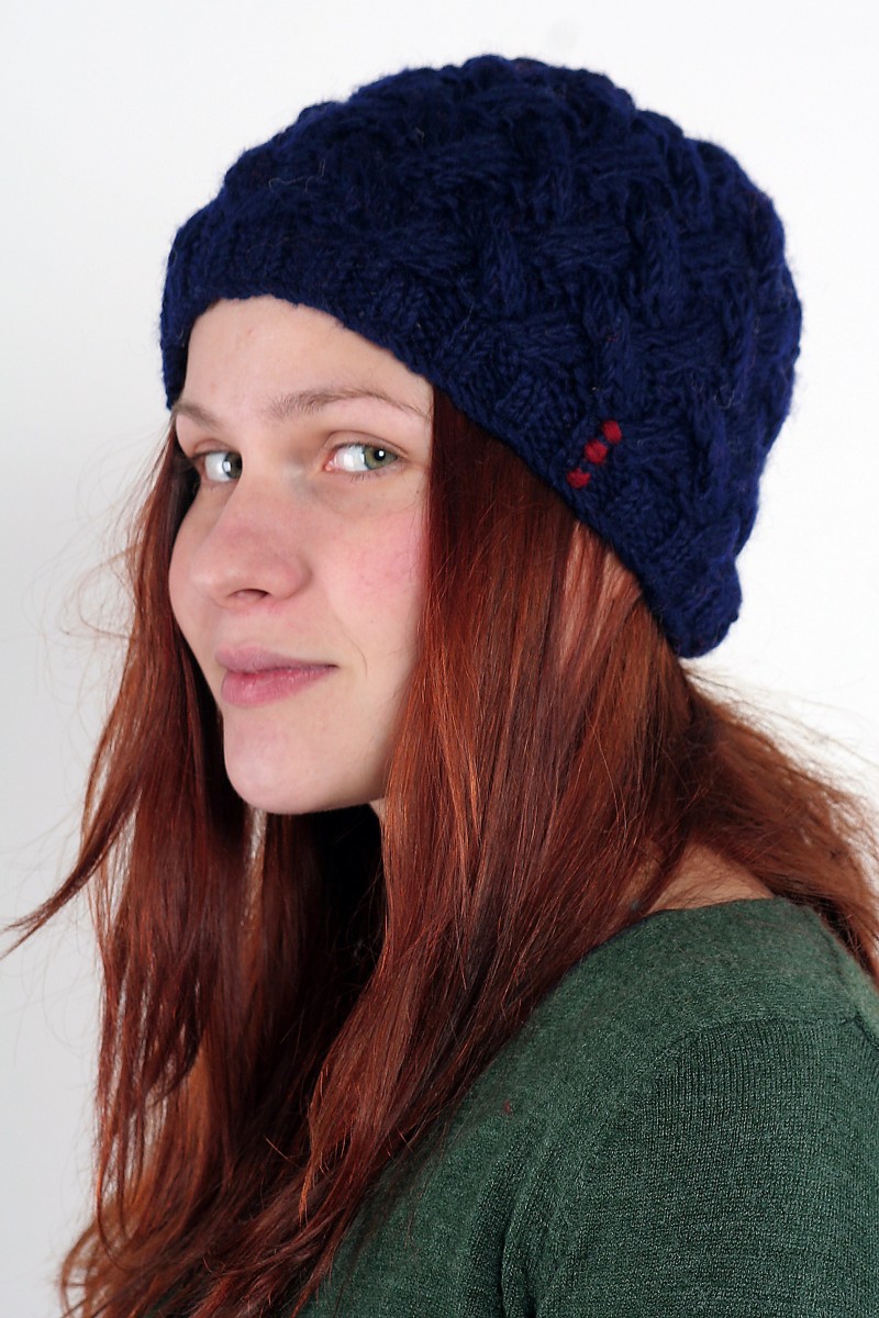 Hand-Knitted Lambswool Short Beanie – X-Pattern, Blue