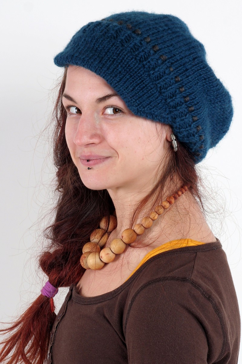 Hand-Knitted Merino Wool Brim Beret – 1 Dot, Petrol/Dark Grey