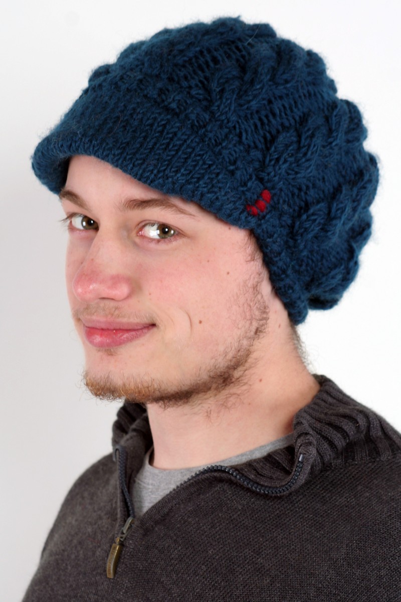 Hand-Knitted Lambswool Brim Beret – Cable, Petrol