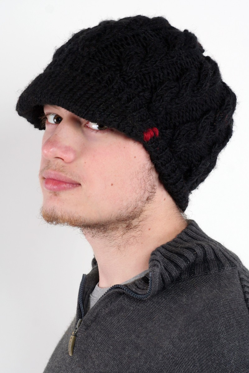 Hand-Knitted Lambswool Brim Beret – Cable, Black