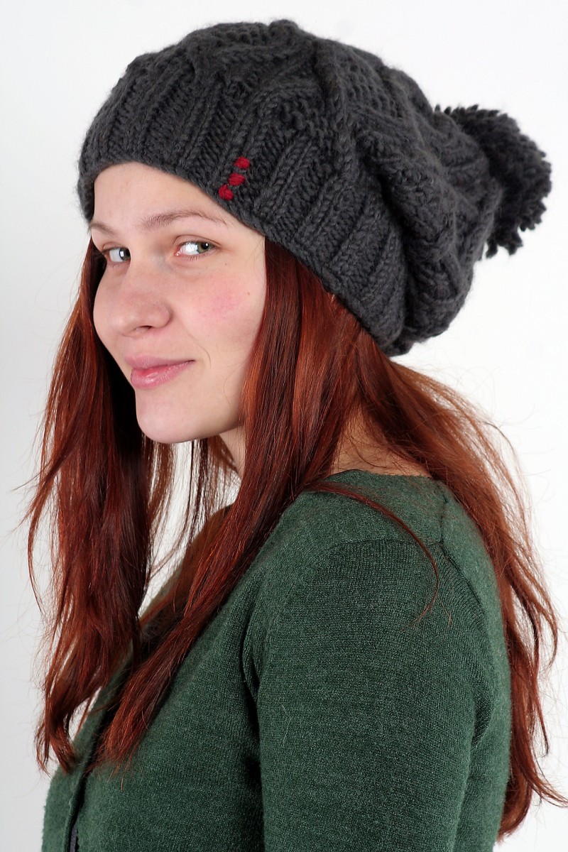 Hand-Knitted Lambswool Flop Pompom Hat – DNA, Dark Grey