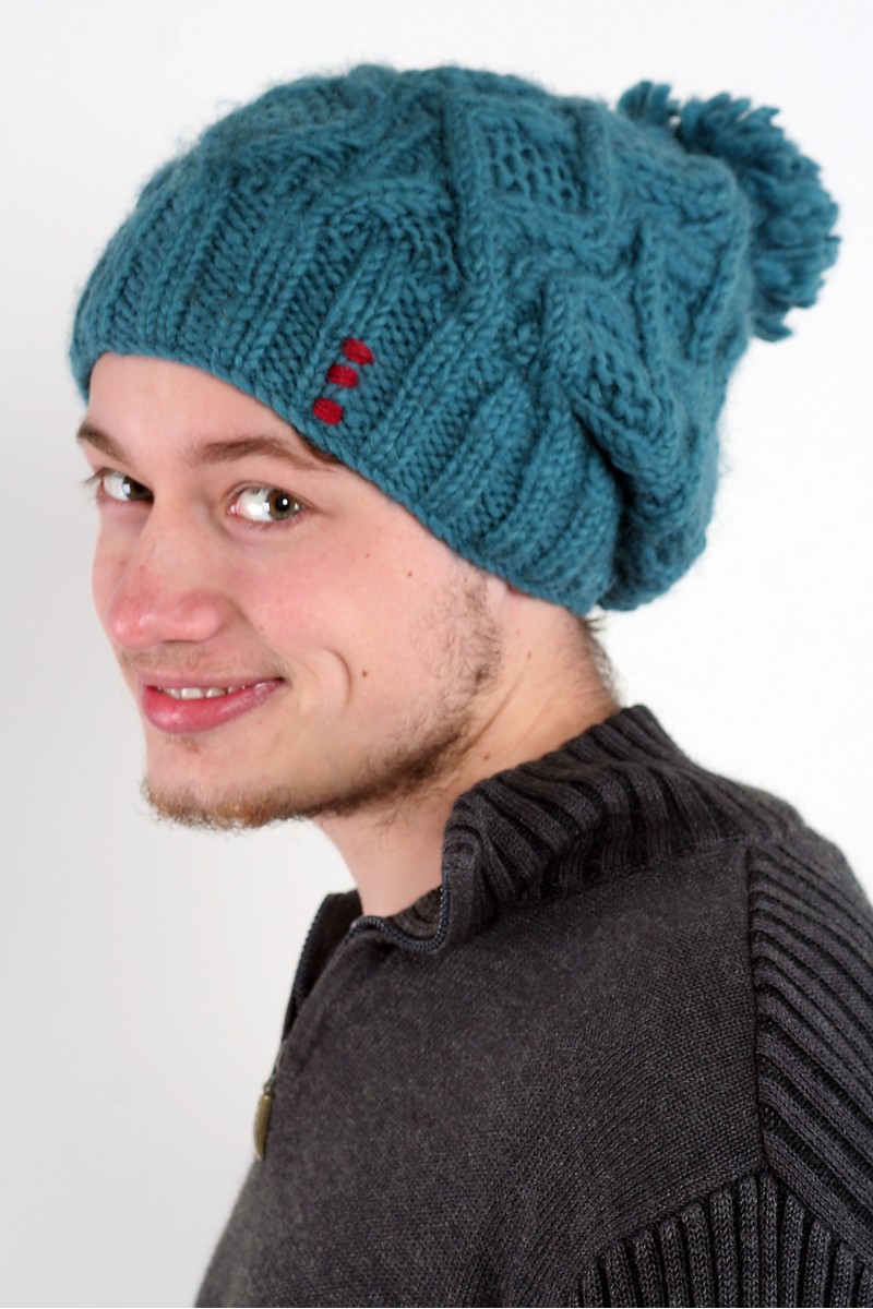 Hand-Knitted Lambswool Flop Pompom Hat – DNA, Light Petrol