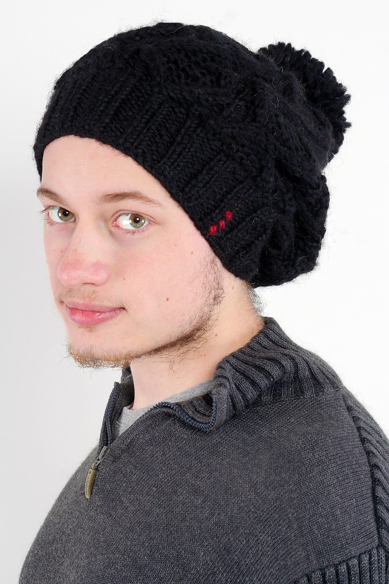 Hand-Knitted Lambswool Flop Pompom Hat – DNA, Black