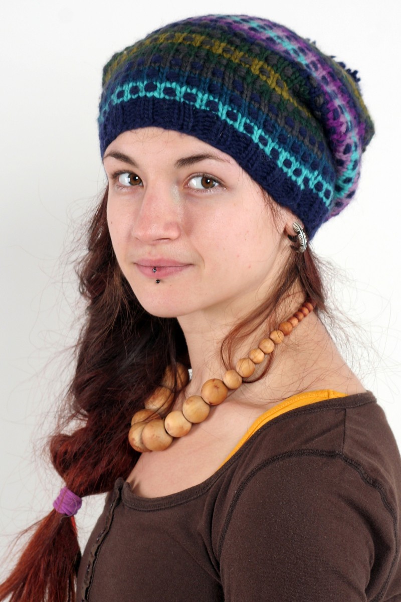 Hand-Knitted Merino Wool Flop Pompom Hat – Step, Rainbow Water