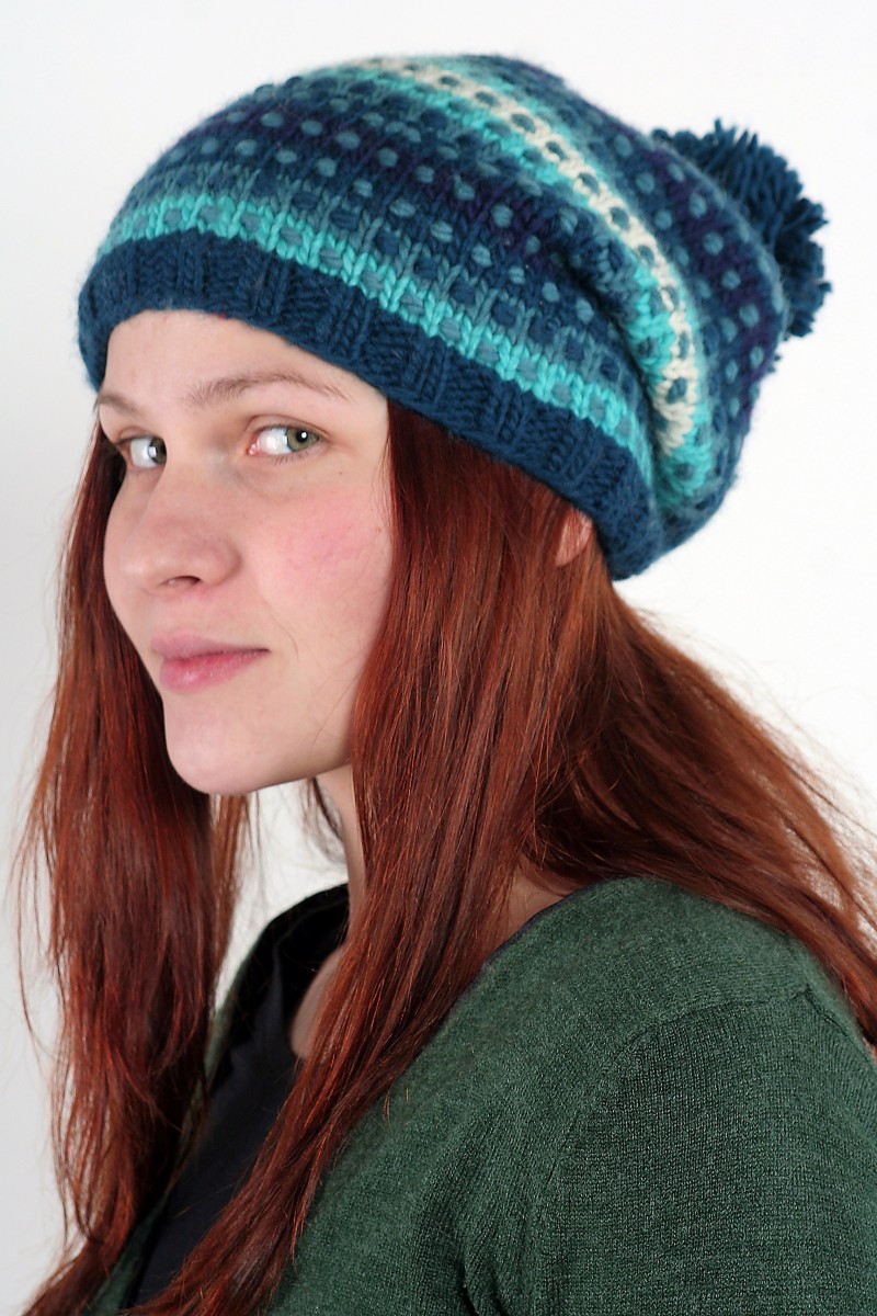 Hand-Knitted Merino Wool Flop Pompom Hat – Step, Rainbow Tropical