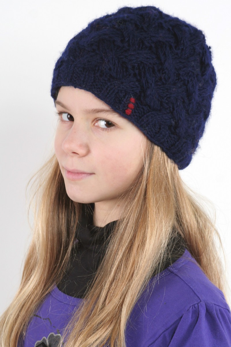 Hand-Knitted Lambswool Short Beanie – X-Pattern, Blue