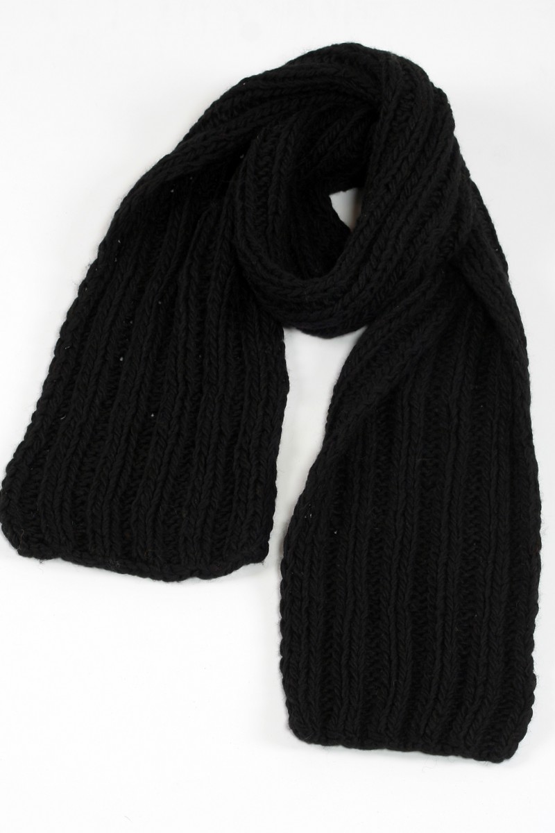 Hand-Knitted Merino Wool Scarf – Plain Narrow 2x2, Black