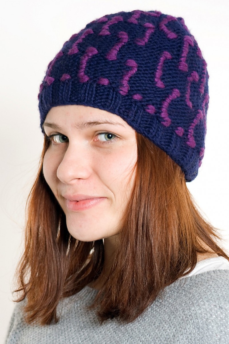 Hand-Knitted Merino Wool Short Beanie – Square, Blue/Purple