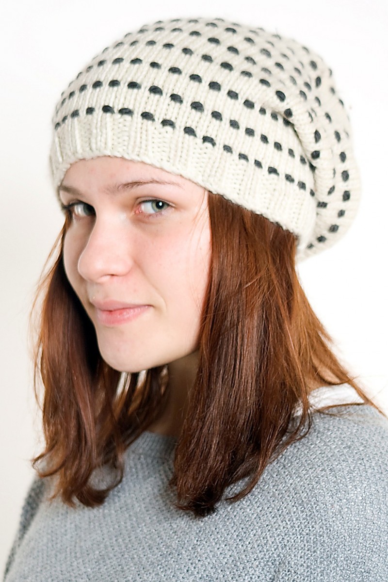 Hand-Knitted Merino Wool 2-Flop Hat – Spiral, White/Dark Grey