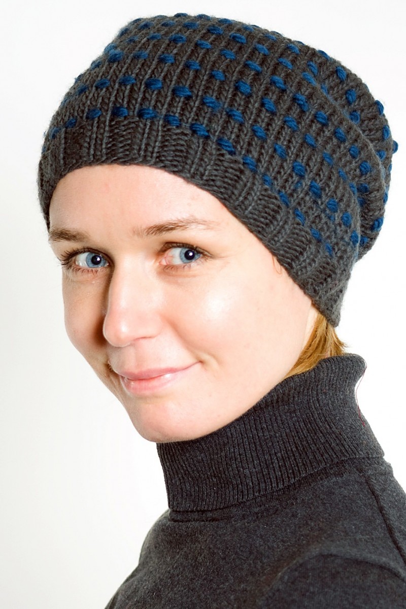 Hand-Knitted Merino Wool 2-Flop Hat – Spiral, Dark Grey/Petrol