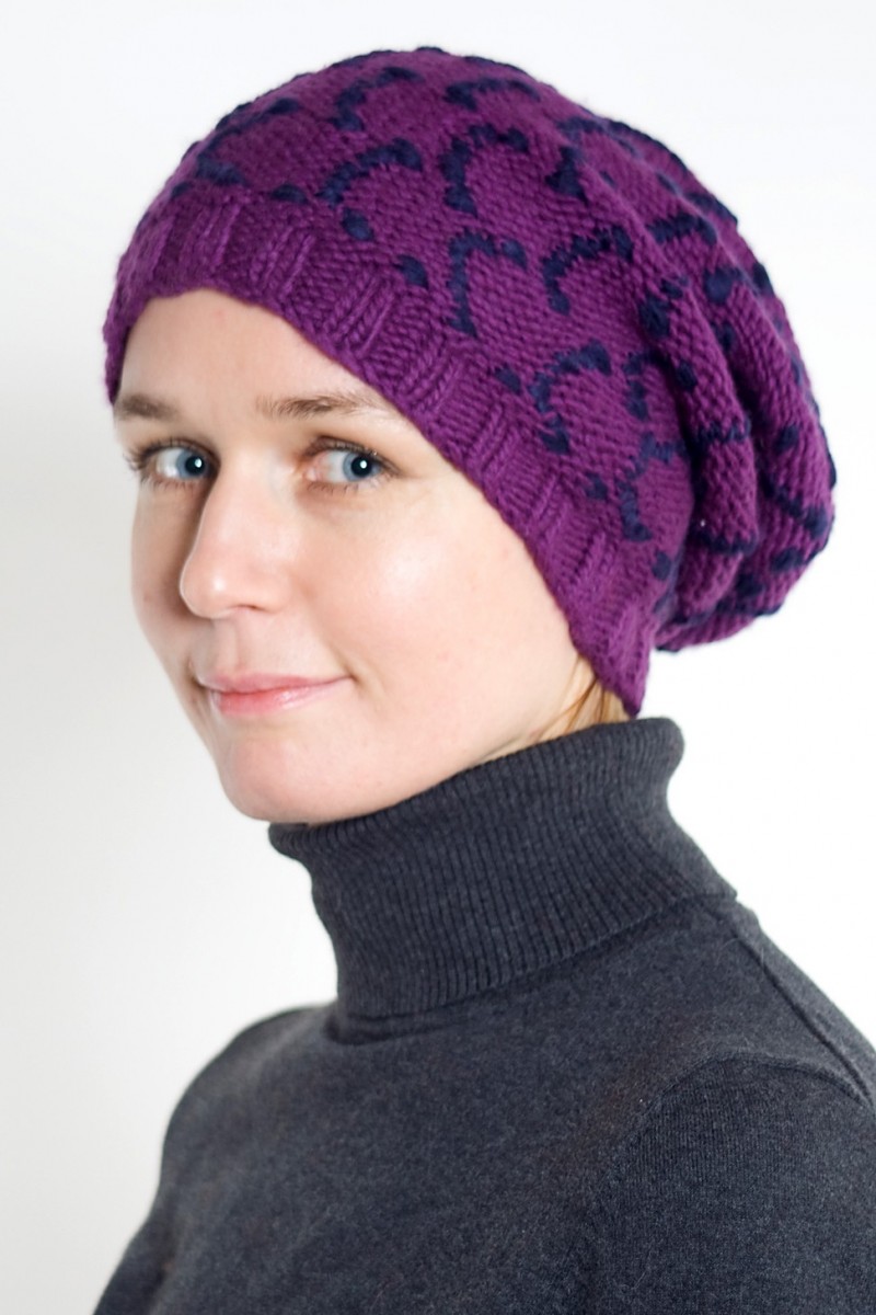 Hand-Knitted Merino Wool 2-Flop Hat – Square, Purple/Blue