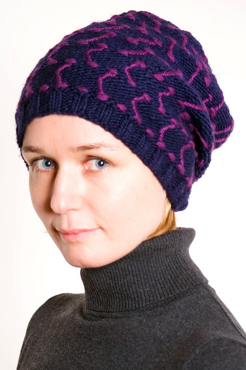 Hand-Knitted Merino Wool 2-Flop Hat – Square, Blue/Purple