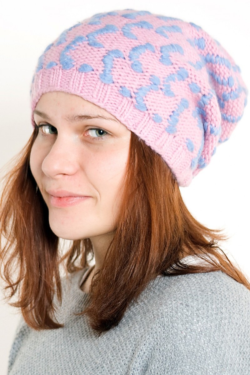 Hand-Knitted Merino Wool 2-Flop Hat – Square, Pink/Light Blue