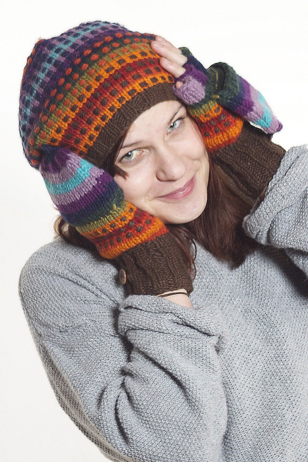 Hand-Knitted Merino Wool Flop Hat – Step, Rainbow Double