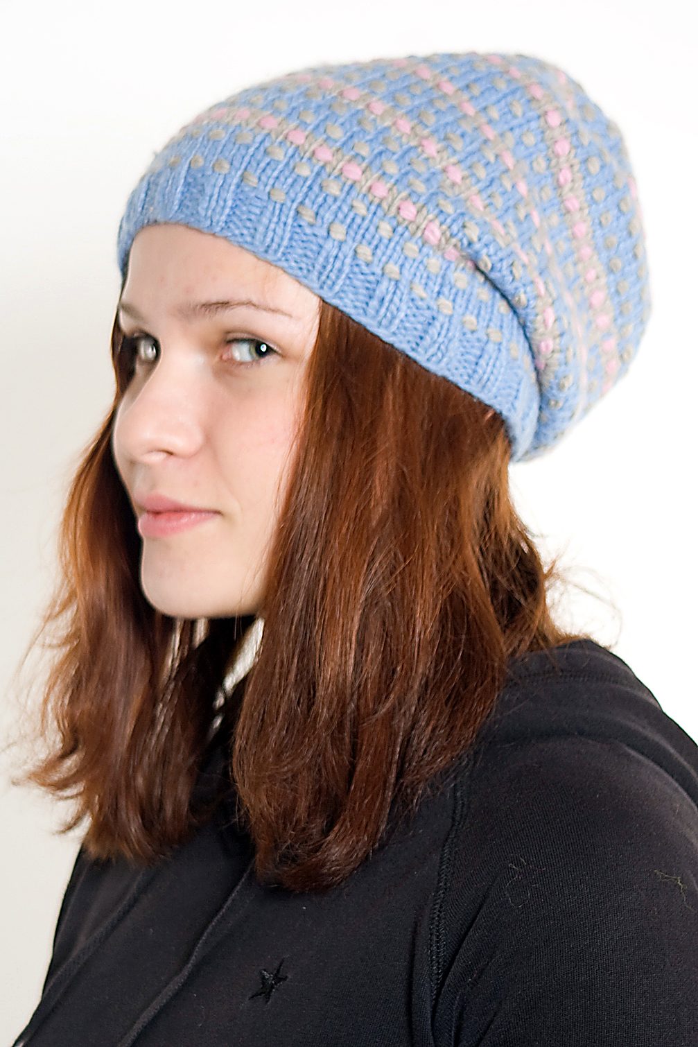 Hand-Knitted Merino Wool Flop Hat – Step, Light Blue/Pink