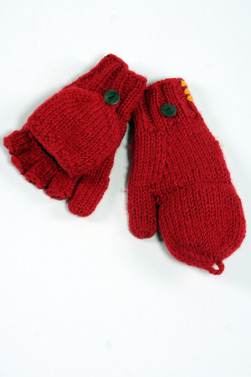 Handgestrickte Klapphandschuhe aus Lammwolle – Uni, Dunkelorange