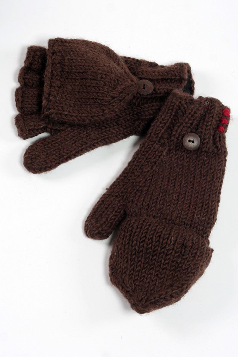 Handgestrickte Klapphandschuhe aus Lammwolle – Uni, Braun