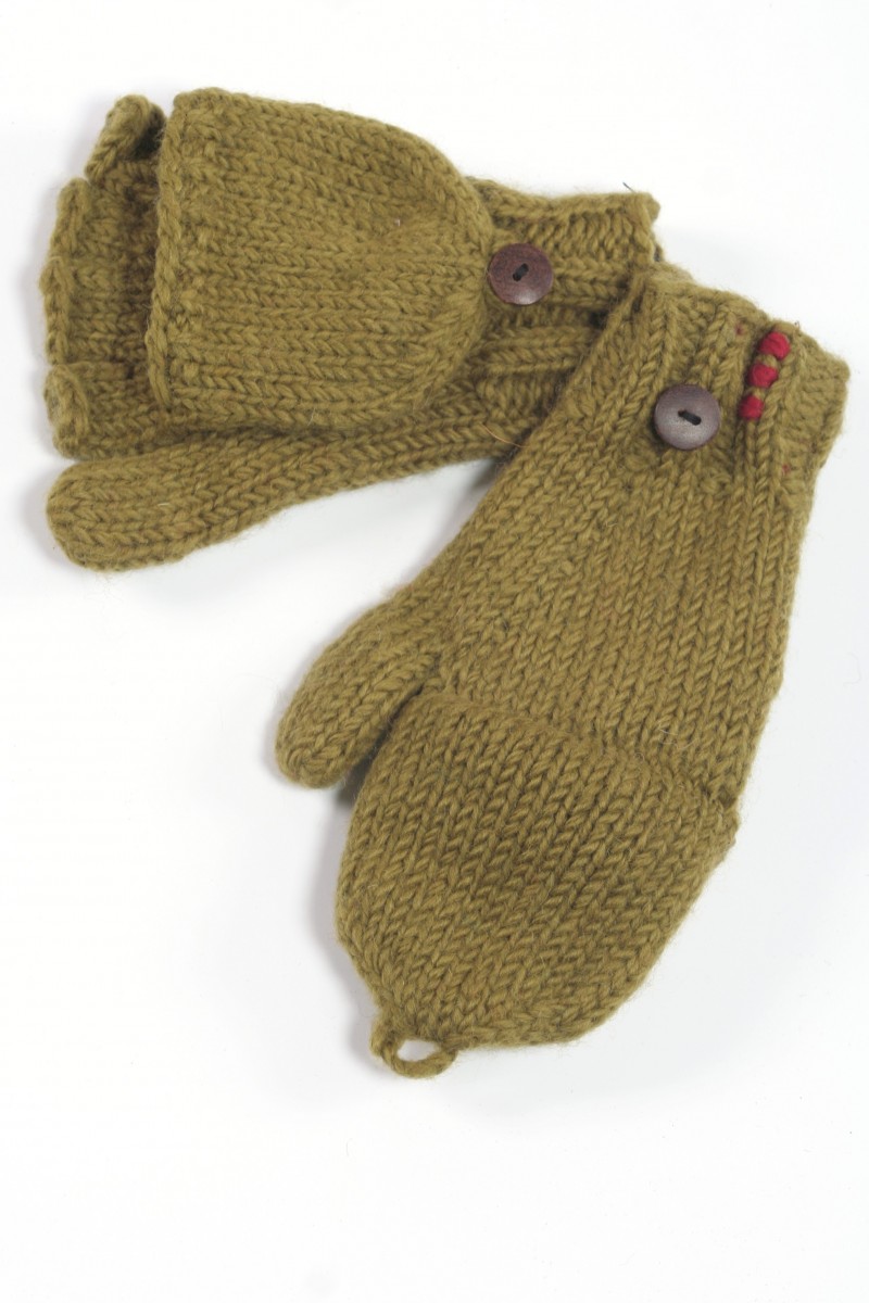Handgestrickte Klapphandschuhe aus Lammwolle – Uni, Khaki