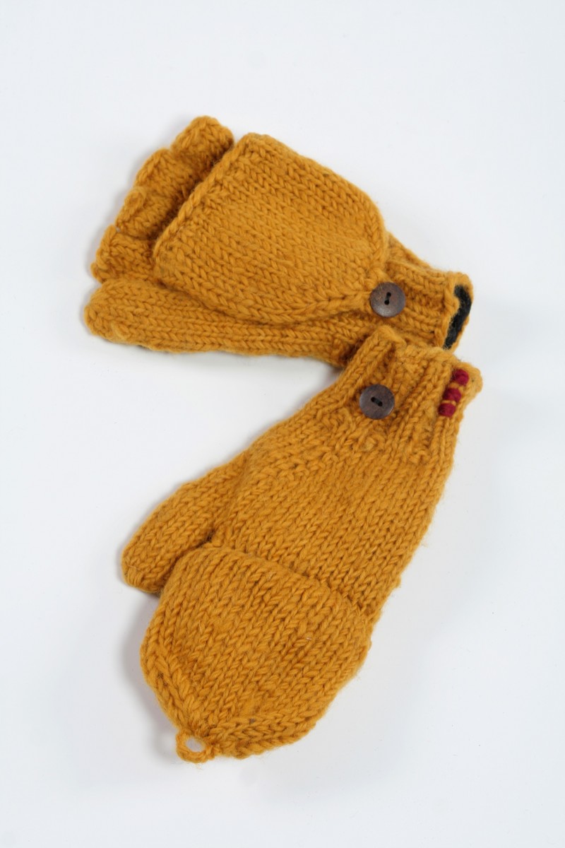 Handgestrickte Klapphandschuhe aus Lammwolle – Uni, Gelb